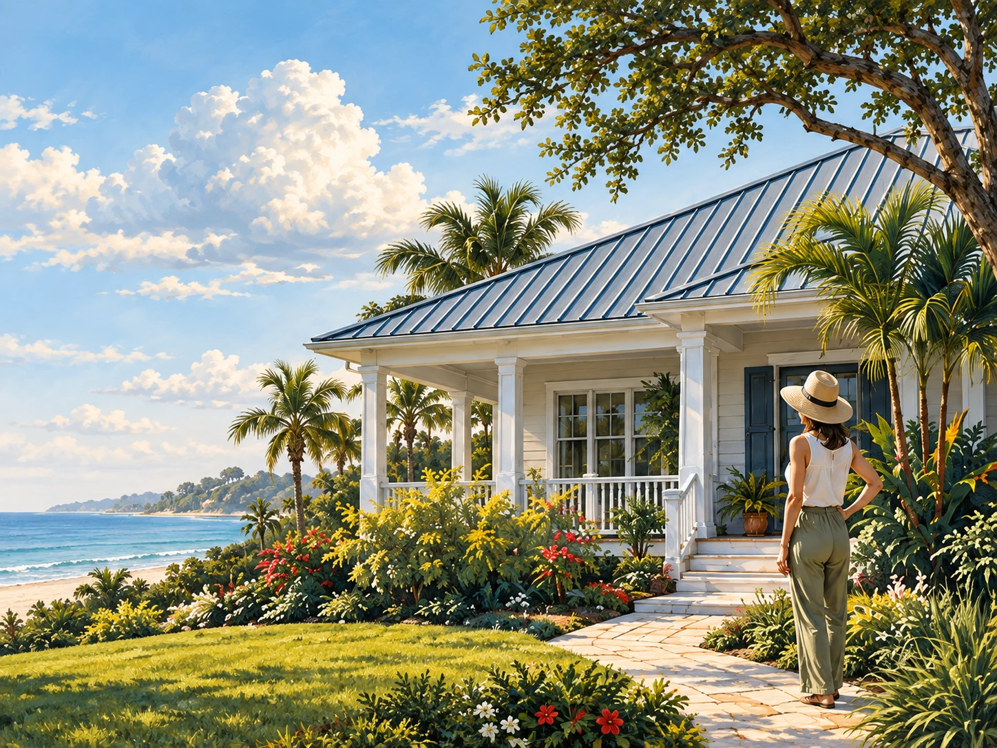 Illustrated Florida porch with a metal roof and a homeowner